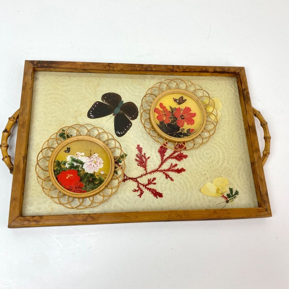 Vintage Bamboo Dried Flower Tray & Coasters Country Art Home Decor Bar Kitchen
